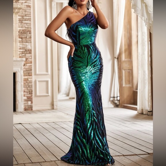 Luxe one shoulder prom bridesmaids formal sequins gown dress - Picture 7 of 9